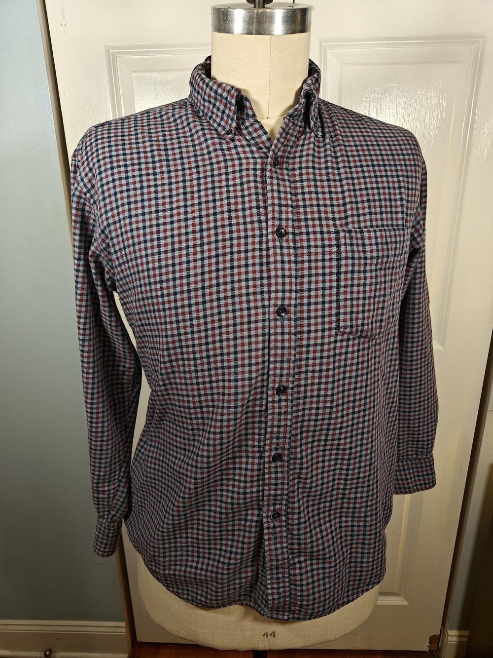 Savile Row Mens Large Navy Red Plaid Cotton Flannel Button Down Shirt